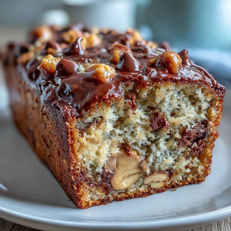 A close-up shot of a thick slice of banana bread showing layers of peanut butter and chocolate chips.