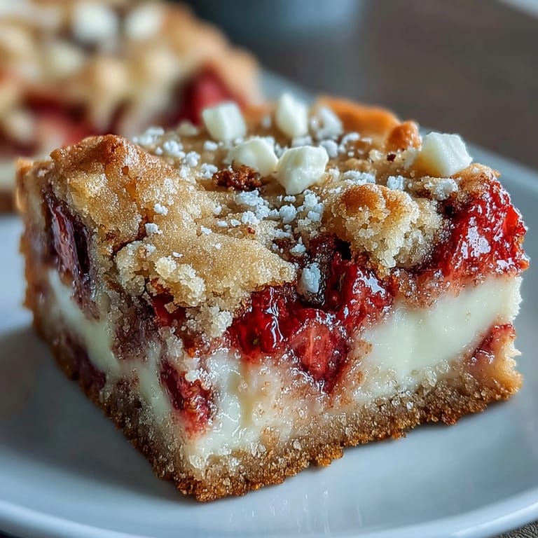 Buttery strawberry cookie bars loaded with juicy strawberries and creamy white chocolate chunks, ideal for summer potlucks.  