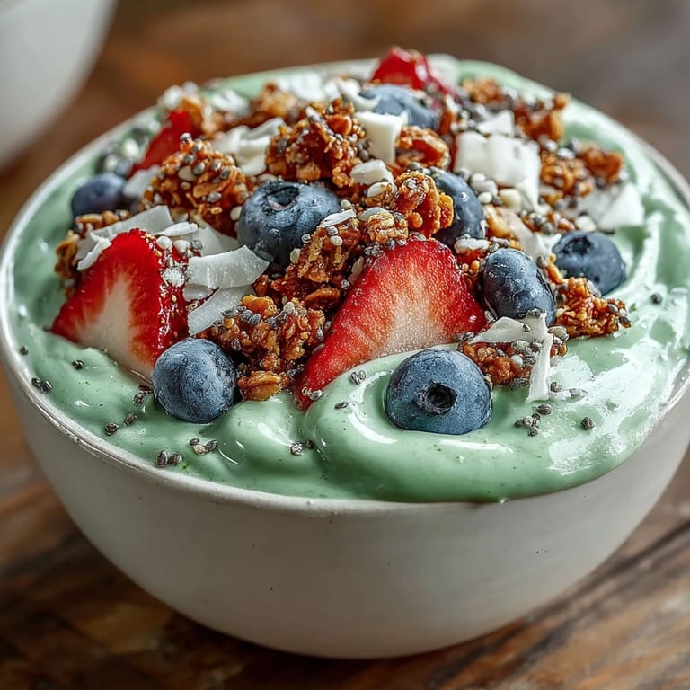 Creamy matcha green tea smoothie bowl topped with sliced strawberries, blueberries, and coconut flakes for a refreshing treat.  