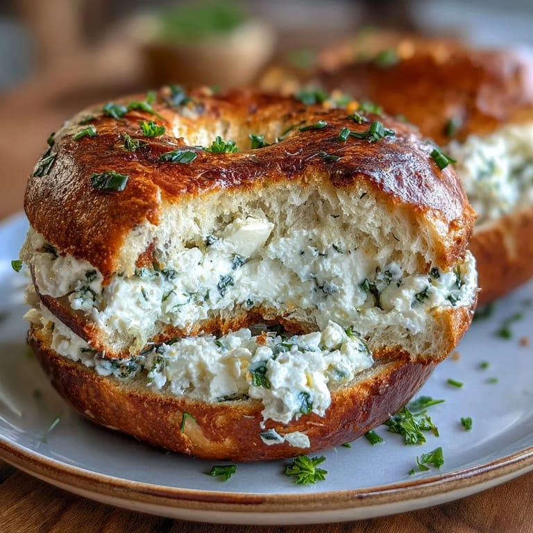 3. Freshly baked bagels topped with garlic, herbs, and a smooth cottage cheese spread for a healthy breakfast.