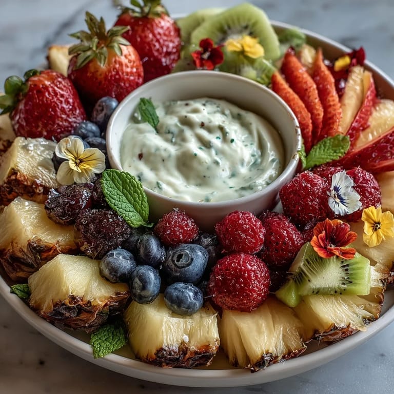 Fresh seasonal fruits arranged as flower petals around a bowl of vanilla honey-yogurt dip, perfect for baby showers and spring celebrations.  
