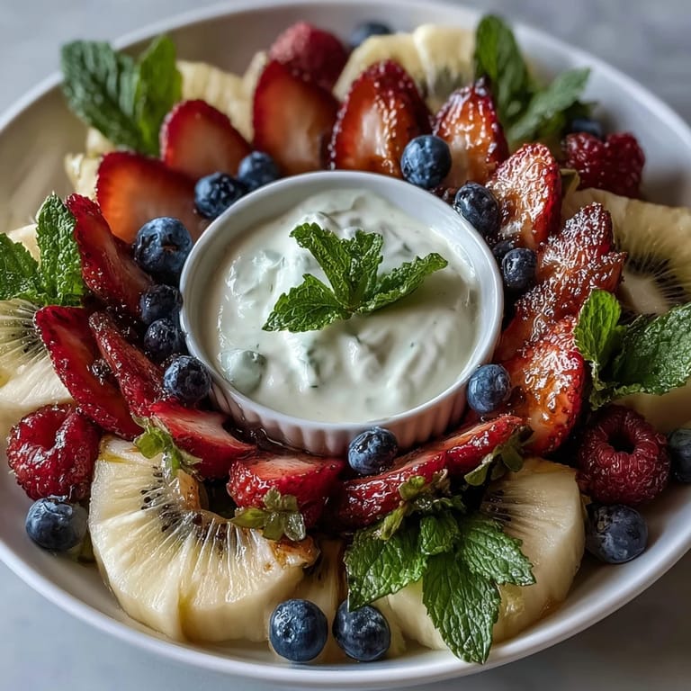 Colorful fruit platter in a circular bloom pattern with melon, blueberries, and orange slices, accompanied by a refreshing lemon-honey yogurt dip.
