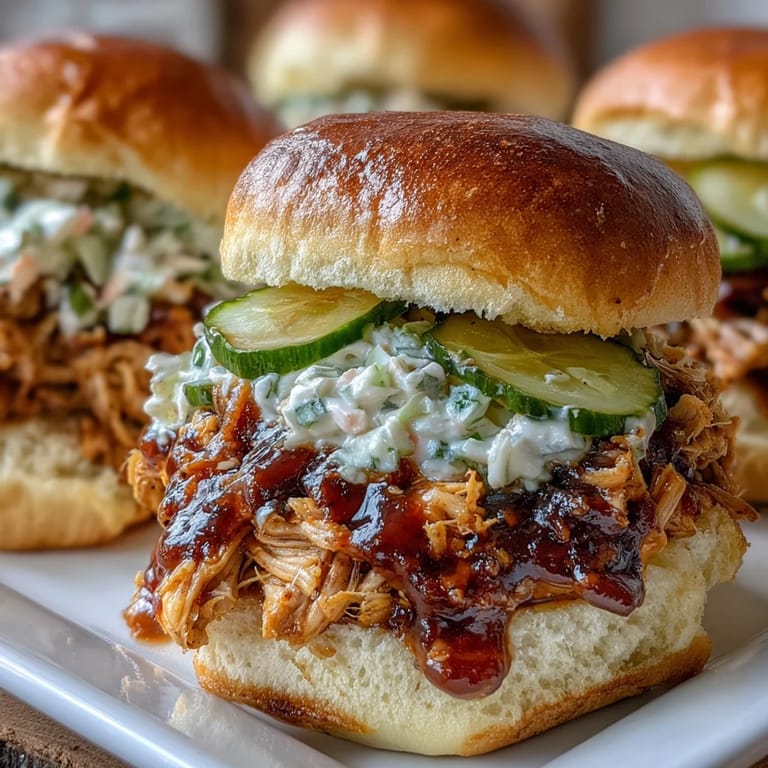 Savory pulled chicken simmered in smoky barbecue sauce, served on fluffy slider buns for a crowd-pleasing appetizer.  