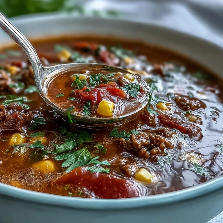 Rich and hearty taco soup brimming with tender beef, black beans, and sweet corn, topped with a dollop of sour cream and crunchy tortilla chips.  