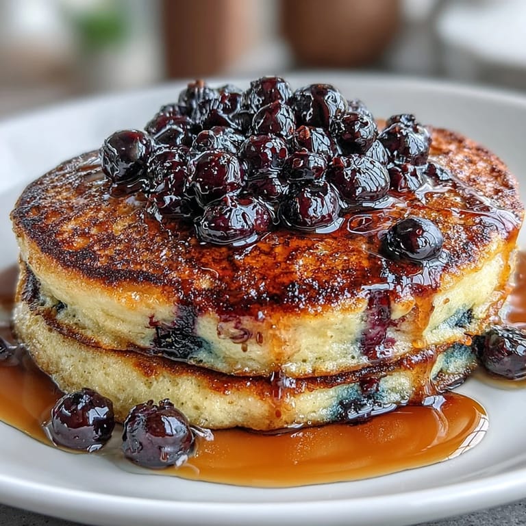 Golden-brown sourdough pancakes studded with juicy blueberries and a hint of tangy lemon, served on a rustic plate.