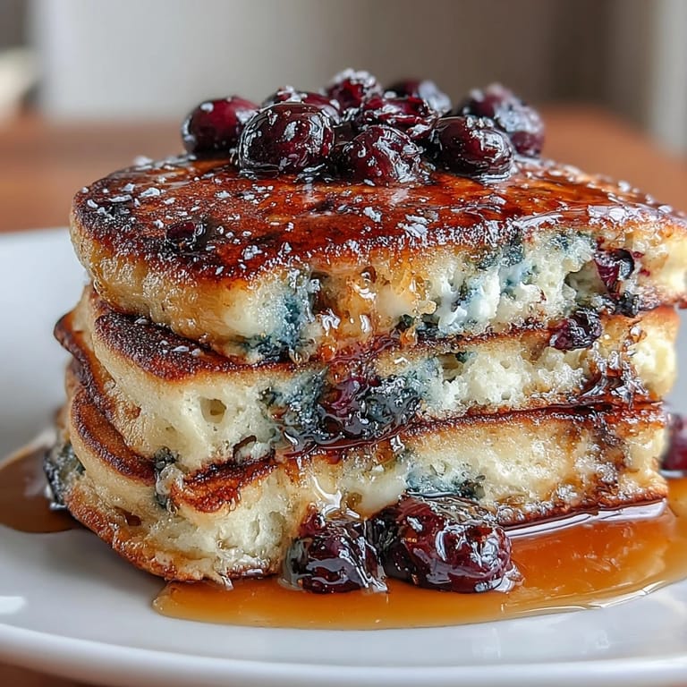 Stack of tender sourdough pancakes with vibrant blueberries and lemon zest, drizzled with warm maple syrup.