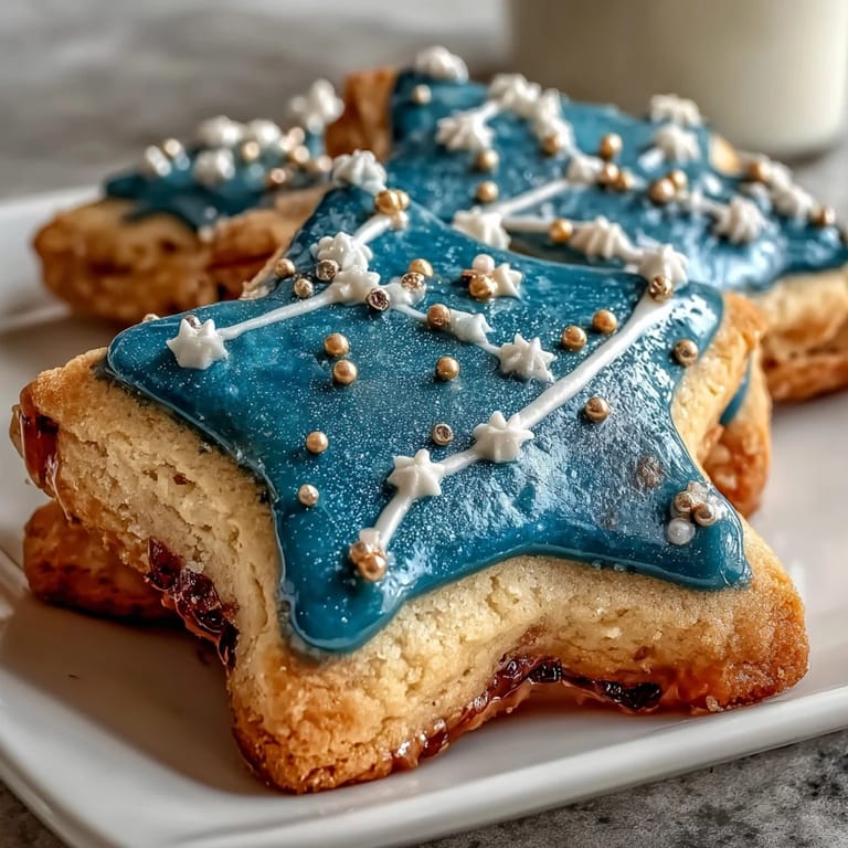 Whimsical sugar cookies featuring the Pisces constellation, piped with navy blue icing and sparkling silver star accents.