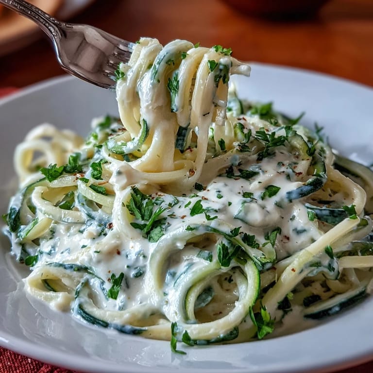 Low-carb zucchini noodles tossed in a rich, protein-packed cottage cheese Alfredo sauce with garlic and nutmeg.  