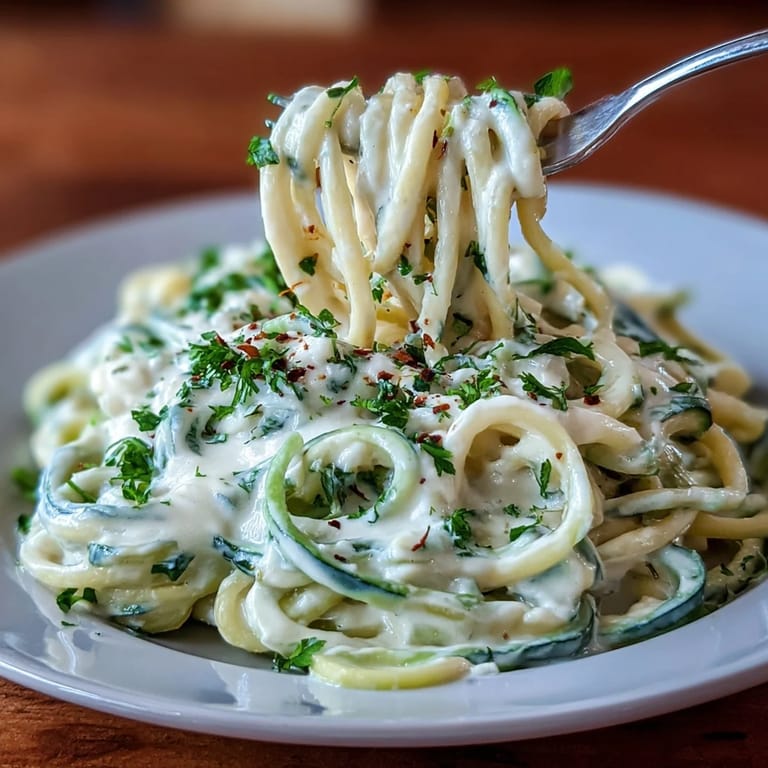 Velvety cottage cheese Alfredo sauce coating tender zucchini noodles, garnished with parsley and extra Parmesan.