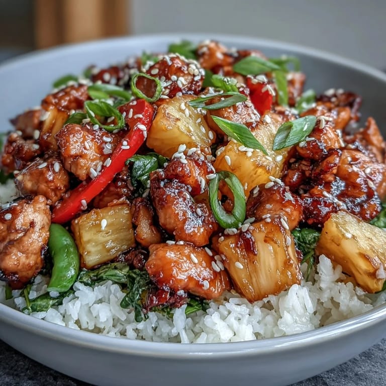 Tender chicken and vibrant vegetables served over fluffy rice with tropical pineapple chunks and sesame seeds.  