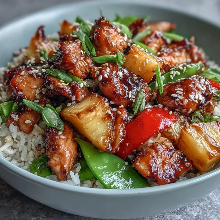 Homemade teriyaki chicken with pineapple and snap peas in a colorful rice bowl, perfect for weeknight dinners.
