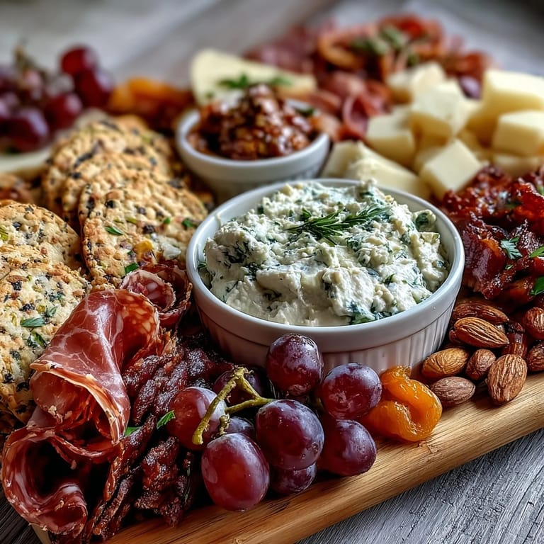 An inviting spread of artisanal meats, cheeses, and breads paired with two homemade dips, perfect for celebrating a new home with friends and family.