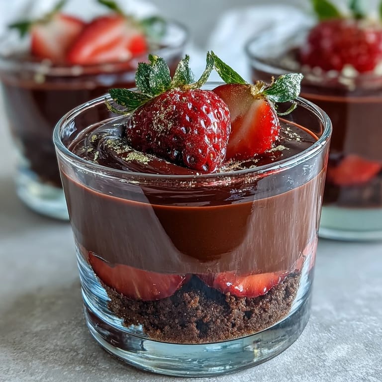 Luxurious Dubai-inspired chocolate strawberry cups with creamy ganache, sweet strawberries, and a golden pistachio garnish.