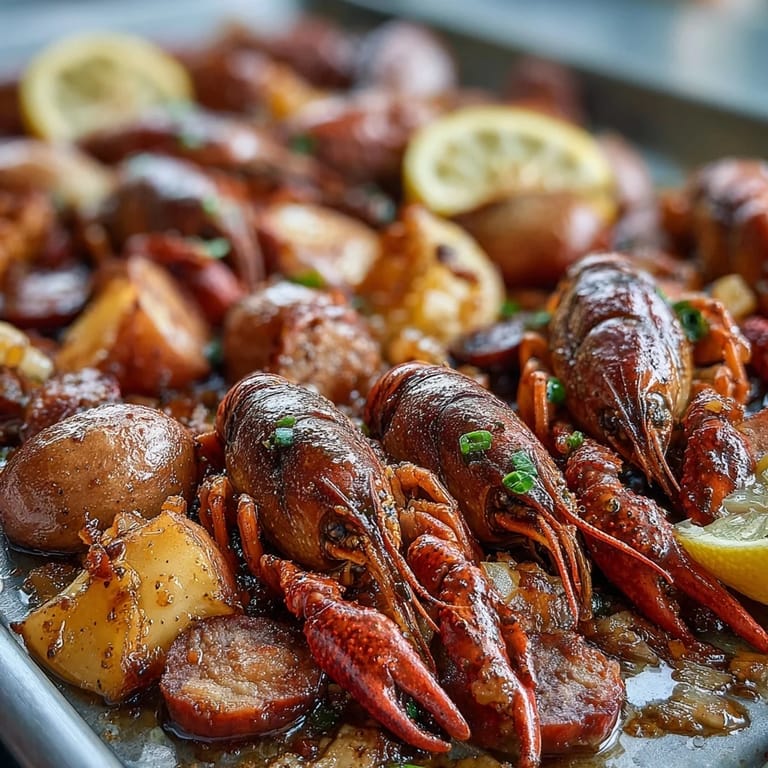 Golden roasted potatoes, sweet corn, and juicy crawfish mingle with smoky sausage in this easy indoor crawfish boil recipe.  