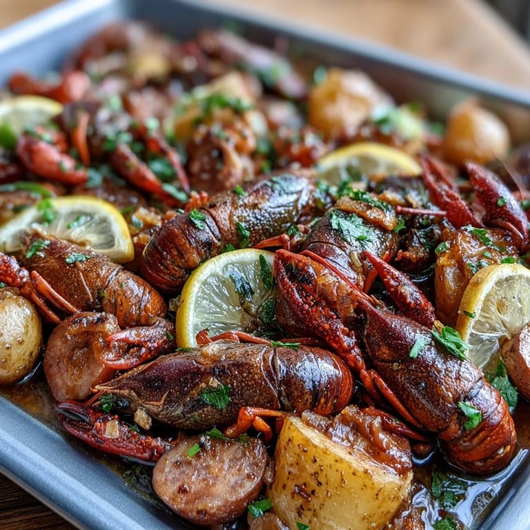 A sizzling sheet pan of Cajun-seasoned crawfish, sausage, and fresh vegetables, garnished with parsley and lemon wedges for a Southern feast.
