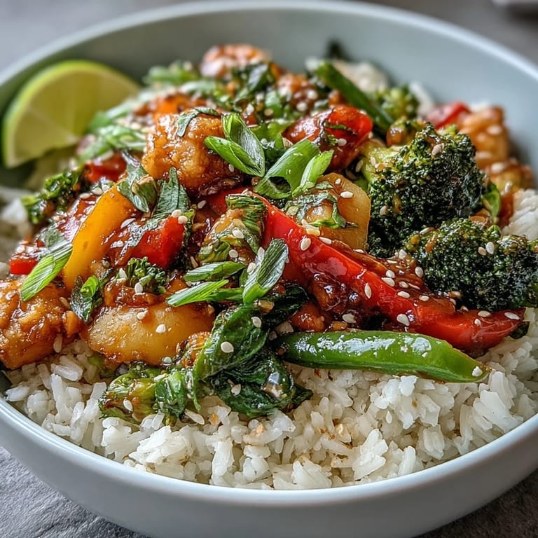 Healthy Easy Veggie Stir-Fry with Peanut Sauce: A vibrant mix of broccoli, bell peppers, and carrots coated in a silky peanut sauce, topped with crunchy peanuts and sesame seeds.