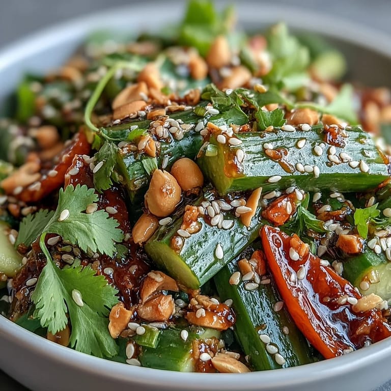 A crisp, refreshing salad with celery, peanuts, and a bold soy ginger dressing, garnished with sesame seeds and cilantro.