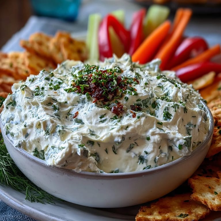 Protein-packed ranch dip made with blended cottage cheese and herbs, paired with colorful veggie sticks for dipping.  