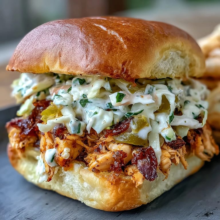 Soft slider buns piled high with tender shredded Mississippi chicken, drizzled with buttery juices and crowned with crunchy, zesty coleslaw for a satisfying party dish.