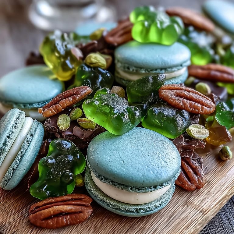 Eye-catching spread of green gummy bears, jelly beans, and mint macarons arranged beautifully on a themed St. Patrick's Day platter.
