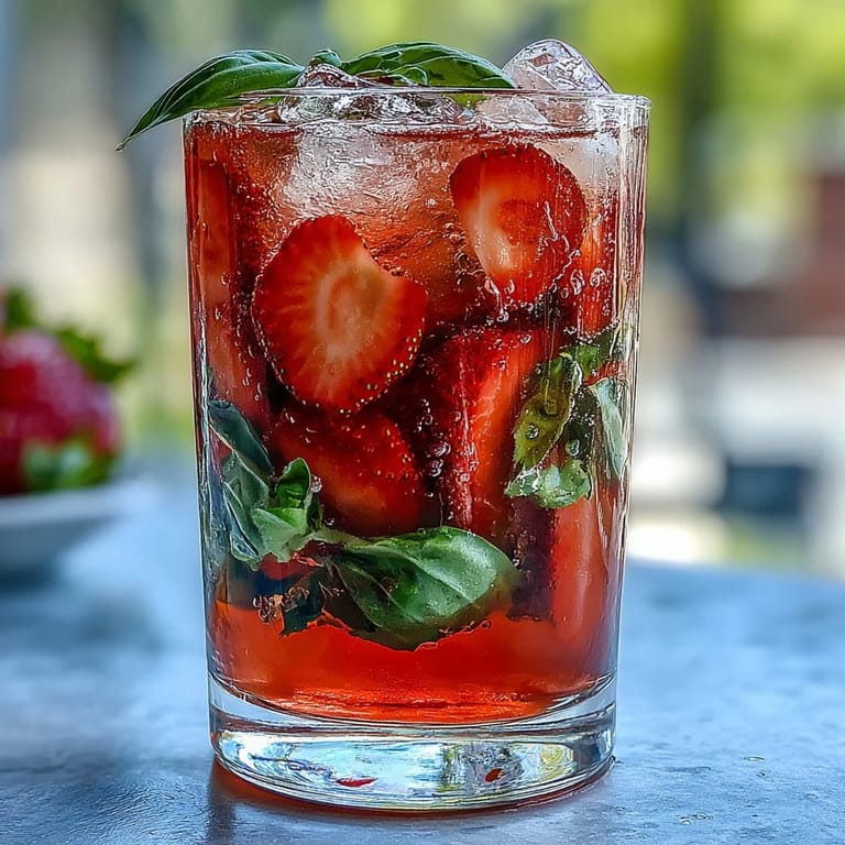 Garnished glasses of homemade strawberry basil lemonade with lemon slices and ice, offering a vibrant, zesty flavor.