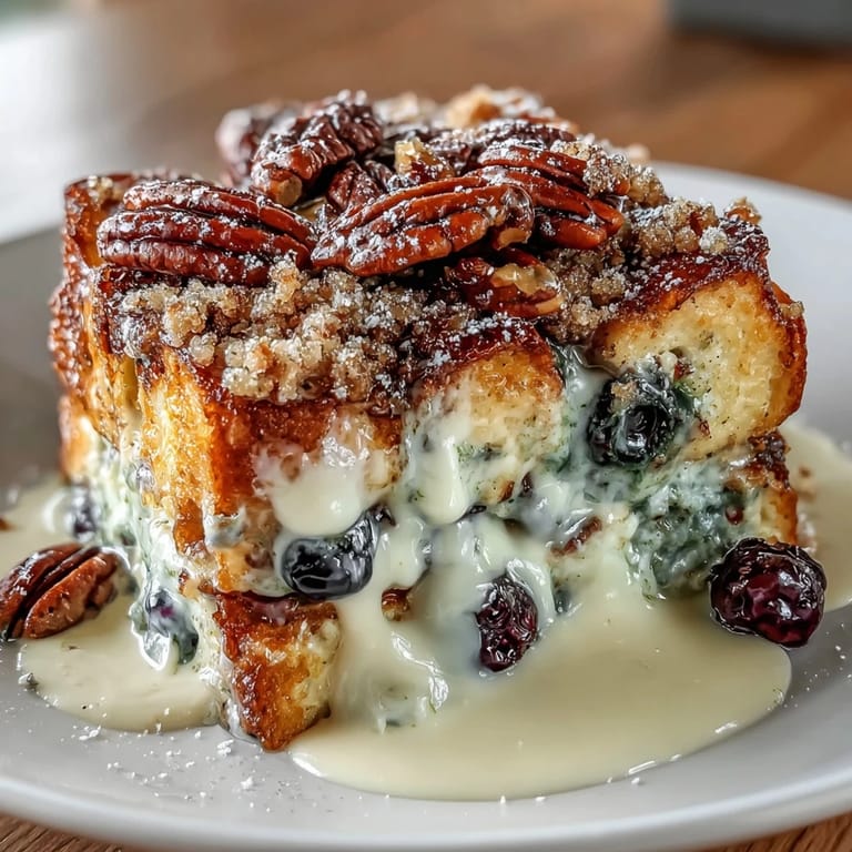 Baked blueberry French toast casserole topped with melted butter, brown sugar, and pecans, served warm and dusted with powdered sugar.