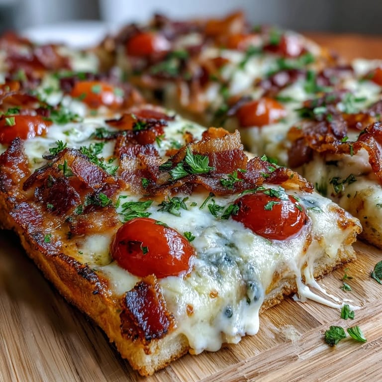 Savory Kentucky Hot Brown Flatbread Pizza topped with juicy tomatoes, melty cheese, and crumbled bacon for a festive meal.  