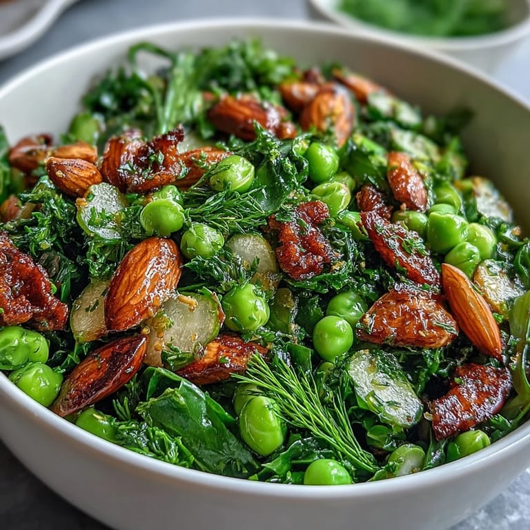 A crisp, colorful salad featuring spring greens, radishes, and cucumber, topped with honey mustard dressing and golden toasted almonds for a delightful crunch and zesty flavor.