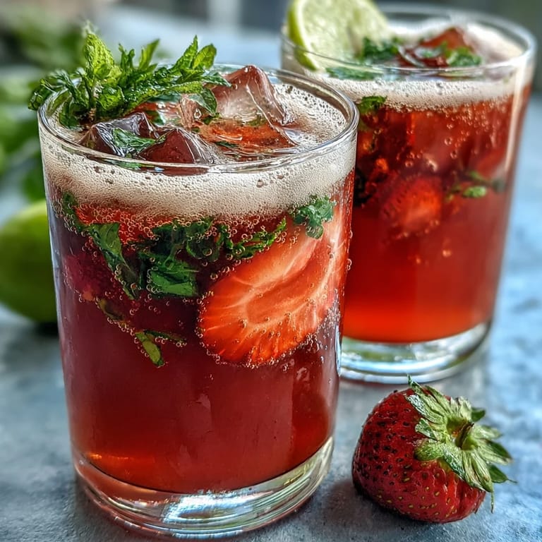 Bright and bubbly strawberry lemon sparkling mocktail served over ice with fresh mint and lemon slices for a festive touch.