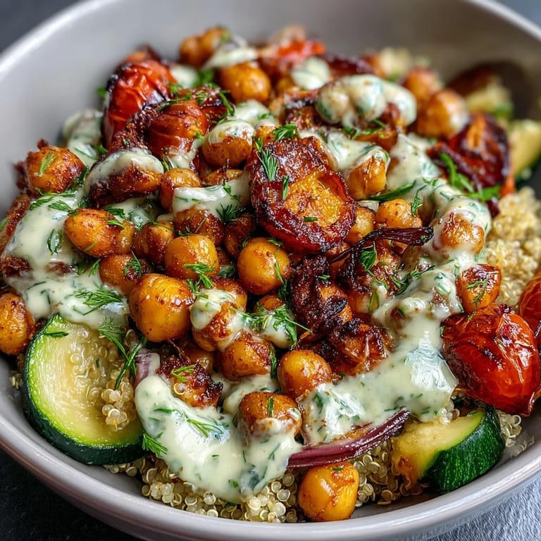 Lemon vinaigrette grain bowls feature golden roasted chickpeas, fresh cucumber, tomatoes, and avocado over a bed of quinoa.