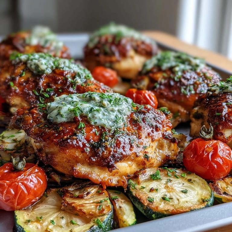 Easy Spring Dinner Sheet Pan Chicken with Zucchini and Cherry Tomatoes, tender chicken and seasonal vegetables roasted together with garlic, olive oil, and bright lemon for a simple, healthy meal.
