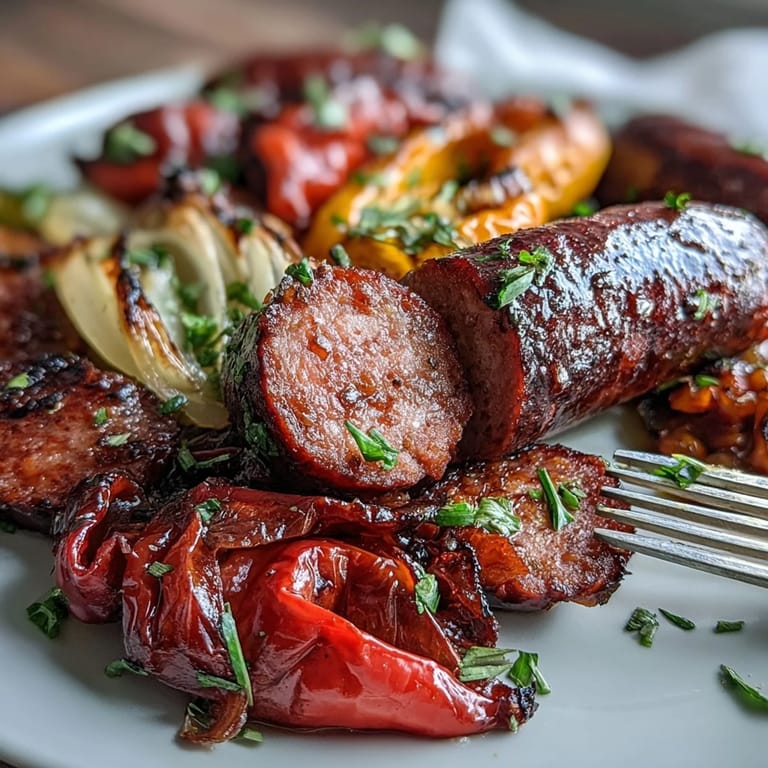 Colorful roasted sausage and peppers with caramelized onions, seasoned with herbs and spices, served hot from the oven.  