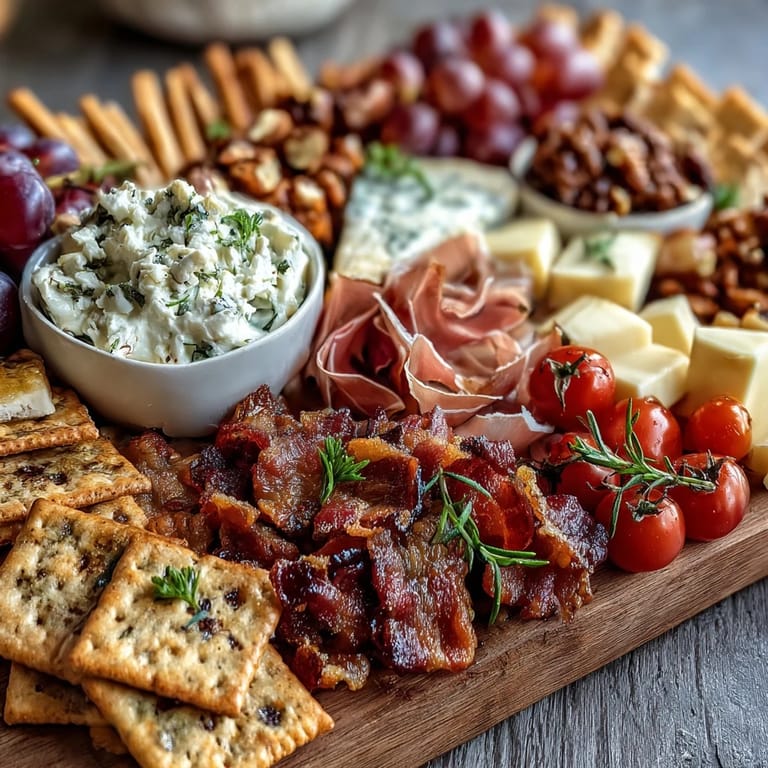 Vibrant charcuterie board with prosciutto, brie, grapes, and colorful vegetables, paired with assorted dips and crackers—perfect for welcoming guests to a new home.