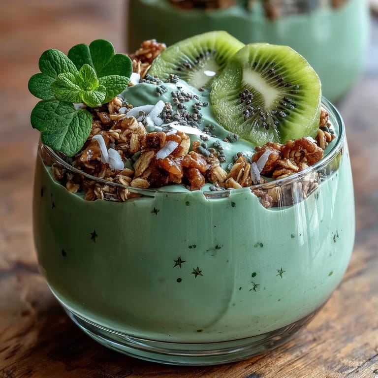 Creamy green smoothie bowl packed with spinach, avocado, and protein, decorated with kiwi shamrock and crunchy toppings for a healthy celebration.