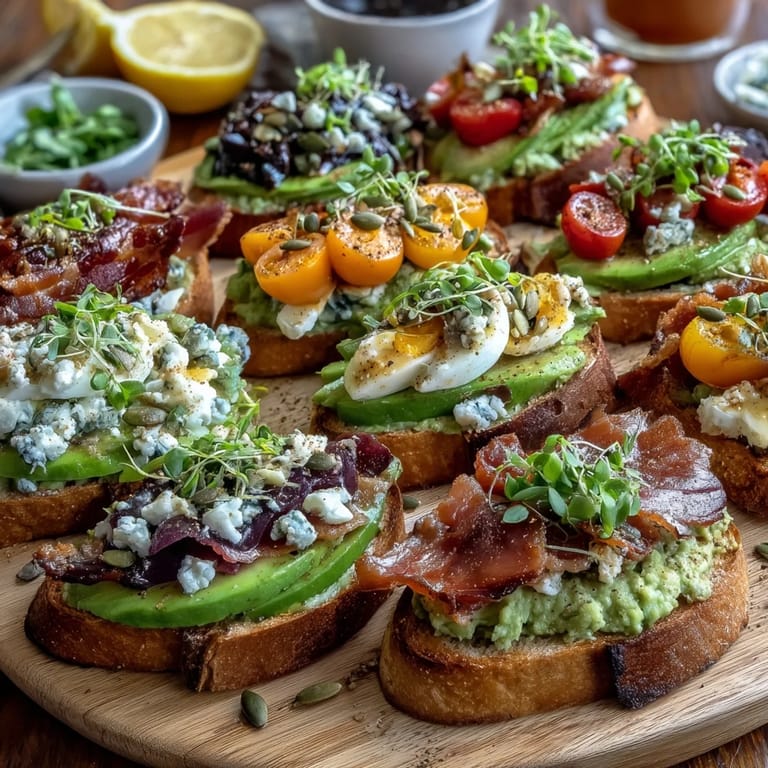 Vibrant avocado toast platter featuring sliced radishes, cherry tomatoes, and microgreens for a fresh, seasonal brunch centerpiece.