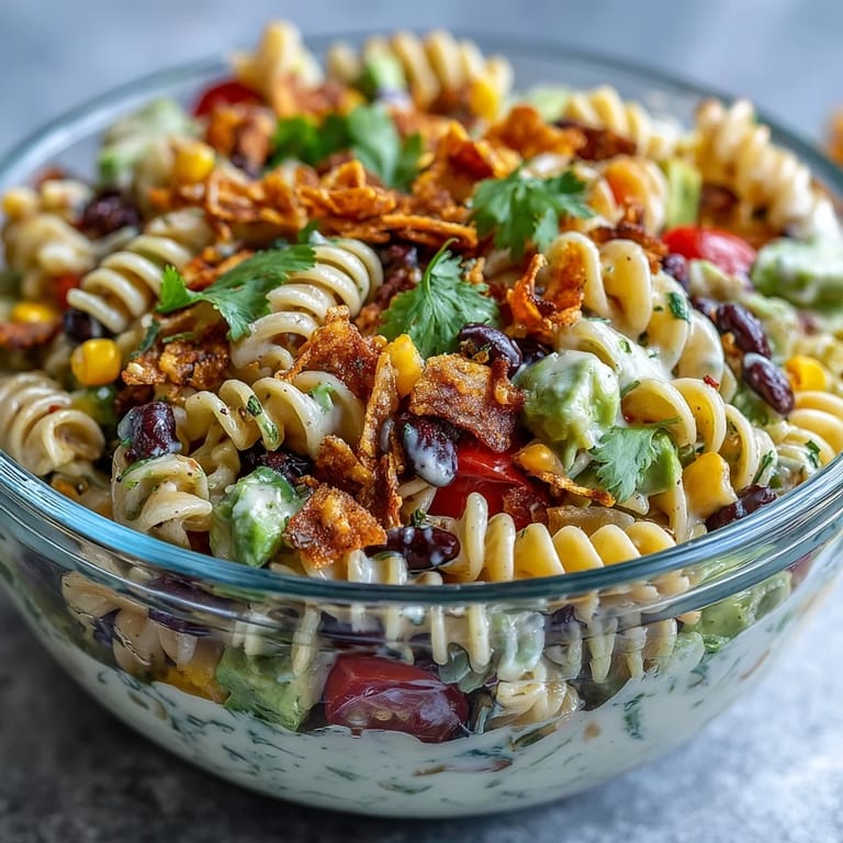 Creamy Tex-Mex pasta salad loaded with black beans, corn, avocado, and cheddar cheese, tossed in zesty taco dressing.