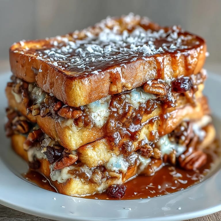 Layered capirotada Mexicana showcasing sweet piloncillo syrup-soaked bread, dried fruits, and a crunchy nut topping.