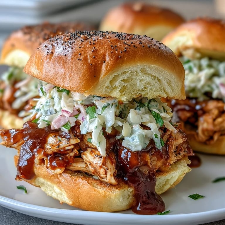 Flavorful BBQ chicken sliders with crunchy coleslaw, served on golden toasted buns for festive gatherings.
