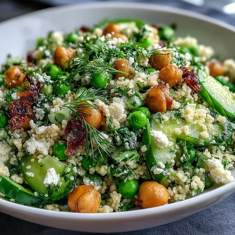 Vibrant Spring Pea and Mint Couscous Salad with crisp cucumbers, radishes, and crumbled feta, perfect for Easter or spring picnics.