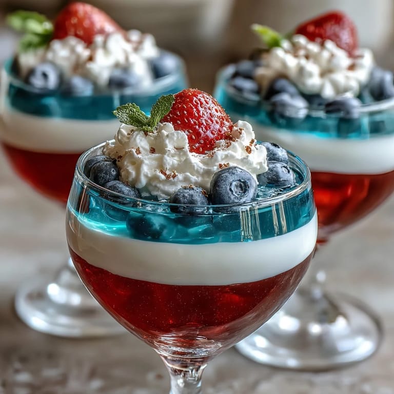 Festive Red, White, and Blue Layered Jello Cups, perfect for summer parties, with creamy white layer between bold berry flavors.