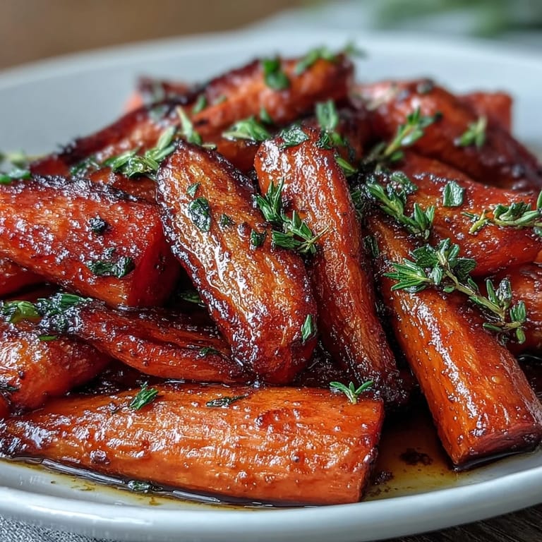 Aromatic honey-glazed carrots roasted with fresh thyme, offering a sweet and savory side dish for any meal.