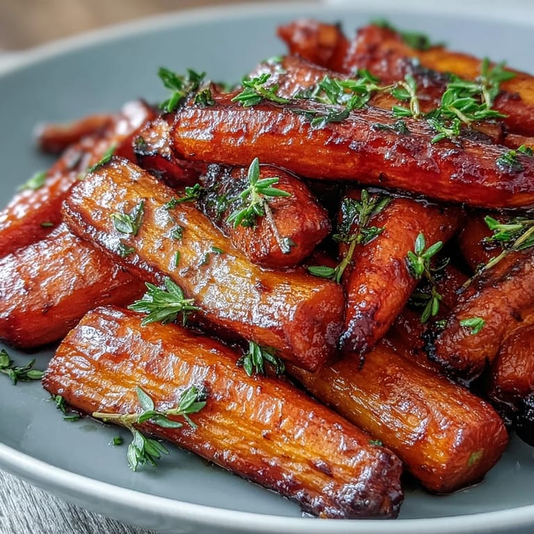 Tender carrots roasted to perfection in a honey-thyme glaze, creating a vibrant and flavorful vegetable side.