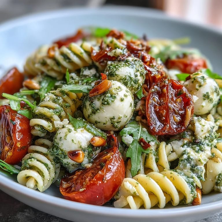 Bright and flavorful summer pasta salad featuring fresh pesto, juicy cherry tomatoes, and creamy mozzarella, ideal for warm-weather dining.