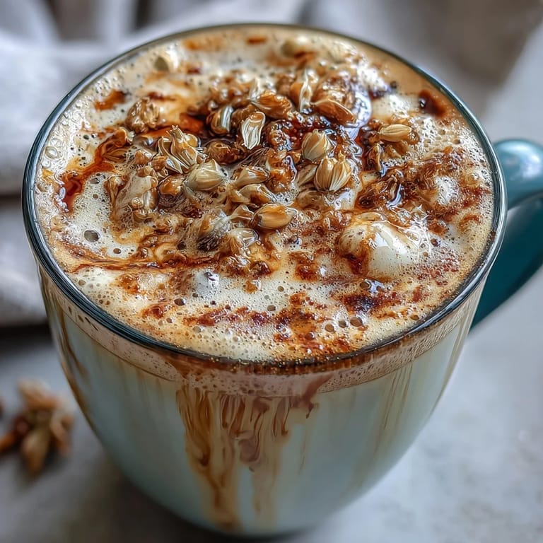 Golden dandelion tea latte featuring roasted root, oat milk, and vanilla, served in a cozy mug with a sprinkle of cinnamon.