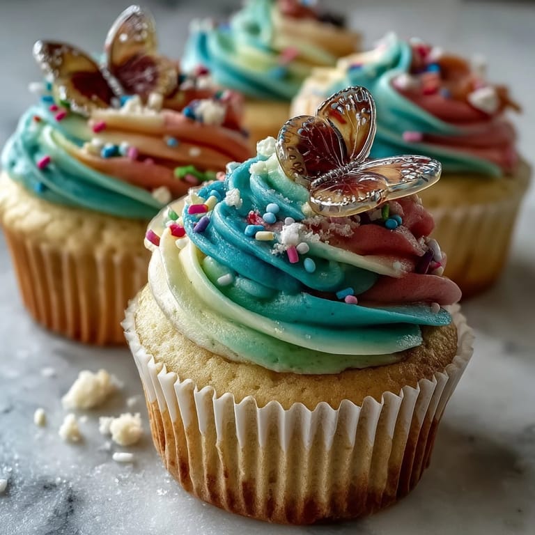 Soft vanilla cupcakes with pastel butterfly buttercream swirls, perfect for spring celebrations and garden parties.