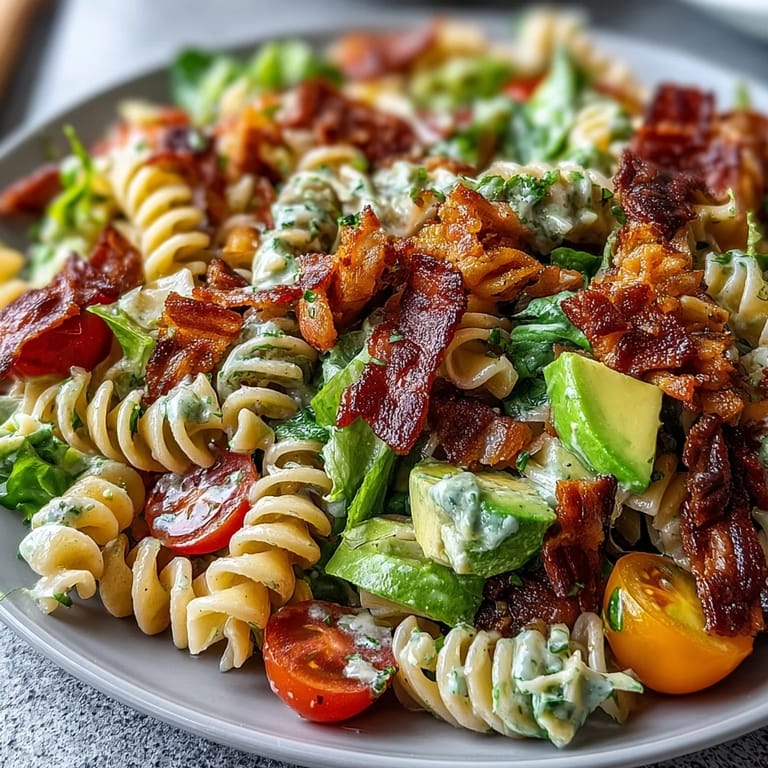 Hearty BLT pasta salad featuring crispy bacon, ripe avocado, juicy tomatoes, and romaine, perfect for picnics or potlucks.