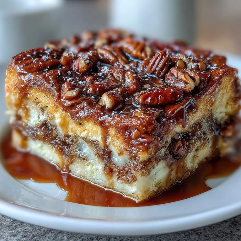 A slice of easy pancake casserole with maple syrup swirl, served warm and dusted with powdered sugar for brunch.