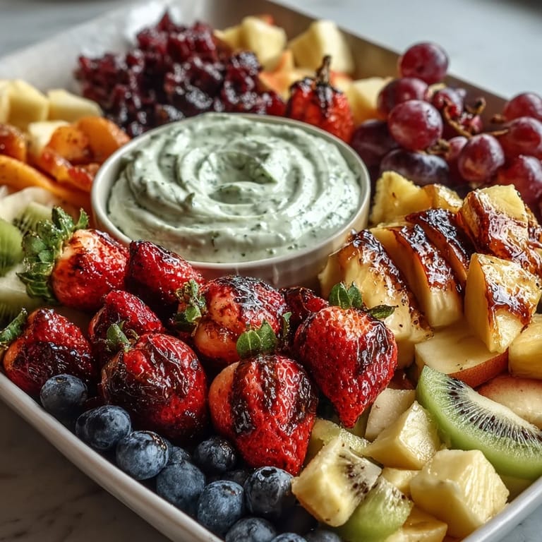Creamy honey-yogurt dipping sauce served with a bountiful spring fruit platter, perfect for brunch or festive gatherings.