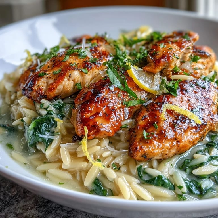 Zesty lemon orzo with chicken and spinach, a Mediterranean-inspired pasta dish with juicy chicken, vibrant greens, and a creamy lemon sauce.