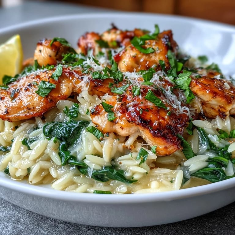 Lemon orzo with chicken and spinach, a comforting one-pan dinner with golden chicken, tender orzo, and fresh spinach in a zesty cream sauce.